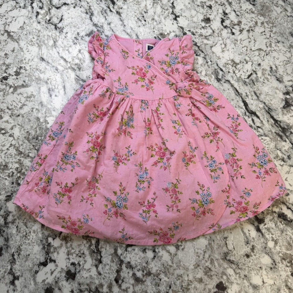 Janie And Jack Dress Girls 6-9 Months Pink Floral Wrap Flutter Bow Sundress